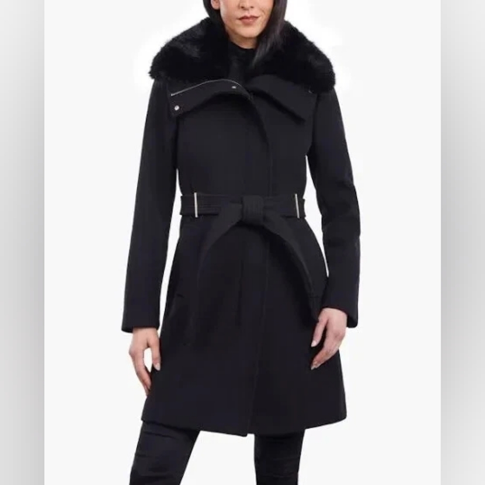 NWT Michael Kors Women's Wool Blend Coat with Faux Fur Collar